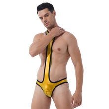 Load image into Gallery viewer, Mens Erotic Jumpsuits O Ring Patent Leather One-piece Bodysuit Round Neck Bulge Pouch Open Butt Leotard Club Stage Show Costume