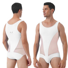 Load image into Gallery viewer, Mens Erotic Jumpsuits Semi-see through Sheer Mesh Patchwork Wrestling Sport Bodysuit Sleeveless Bulge Pouch Leatord Swimsuit