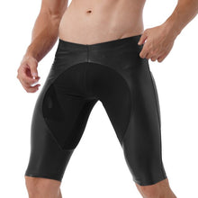 Load image into Gallery viewer, Mens Exercise Workout Fitness Sportswear Faux Leather Patchwork Undershorts Surfing Swimming Trunks Athletic Skinny Short Pants