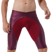 Load image into Gallery viewer, Mens Exercise Workout Fitness Sportswear Faux Leather Patchwork Undershorts Surfing Swimming Trunks Athletic Skinny Short Pants