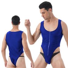 Load image into Gallery viewer, Mens Fitness Exercise Sportswear Solid Color Sleeveless Zipper Front Bodysuit Nightwear Casual U Neck High Cut Jumpsuits Leotard
