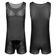 Load image into Gallery viewer, Mens Sexy See through Bodycon Patent Leather Patchwork Sheer Mesh Jumpsuits Nightwear Round Neck Sleeveless Bodysuit For Party