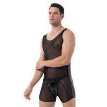 Load image into Gallery viewer, Mens Sexy See through Bodycon Patent Leather Patchwork Sheer Mesh Jumpsuits Nightwear Round Neck Sleeveless Bodysuit For Party