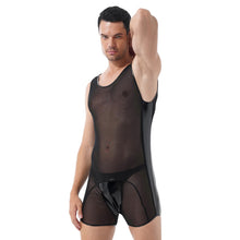 Load image into Gallery viewer, Mens Sexy See through Bodycon Patent Leather Patchwork Sheer Mesh Jumpsuits Nightwear Round Neck Sleeveless Bodysuit For Party