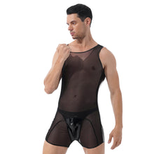 Load image into Gallery viewer, Mens Sexy See through Bodycon Patent Leather Patchwork Sheer Mesh Jumpsuits Nightwear Round Neck Sleeveless Bodysuit For Party