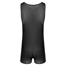 Load image into Gallery viewer, Mens Sexy See through Bodycon Patent Leather Patchwork Sheer Mesh Jumpsuits Nightwear Round Neck Sleeveless Bodysuit For Party