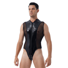 Load image into Gallery viewer, Mens Shiny Metallic Patent Leather Jumpsuits Sheer Mesh Splice Lingerie Sleeveless Double Zipper High Cut Thong Leotard Bodysuit
