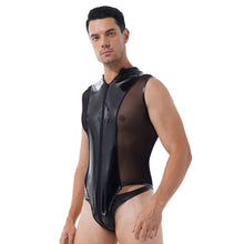 Load image into Gallery viewer, Mens Shiny Metallic Patent Leather Jumpsuits Sheer Mesh Splice Lingerie Sleeveless Double Zipper High Cut Thong Leotard Bodysuit