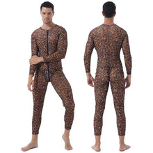 Load image into Gallery viewer, Mens Stripe Leopard Print Slim Romper One-piece Unitard See-through Skinny Jumpsuits Two-way Zipper Long Sleeve Leotard Bodysuit
