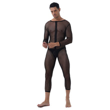 Load image into Gallery viewer, Mens Stripe Leopard Print Slim Romper One-piece Unitard See-through Skinny Jumpsuits Two-way Zipper Long Sleeve Leotard Bodysuit