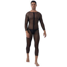 Load image into Gallery viewer, Mens Stripe Leopard Print Slim Romper One-piece Unitard See-through Skinny Jumpsuits Two-way Zipper Long Sleeve Leotard Bodysuit