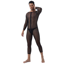 Load image into Gallery viewer, Mens Stripe Leopard Print Slim Romper One-piece Unitard See-through Skinny Jumpsuits Two-way Zipper Long Sleeve Leotard Bodysuit