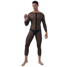 Load image into Gallery viewer, Mens Stripe Leopard Print Slim Romper One-piece Unitard See-through Skinny Jumpsuits Two-way Zipper Long Sleeve Leotard Bodysuit