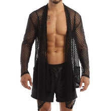 Load image into Gallery viewer, Mens Summer Fishnet Party Open Front Cardigan Asymmetric High Low Hem Mesh Transparent Long Cape T-Shirts Casual Cloak Tops