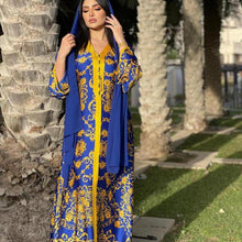 Load image into Gallery viewer, Middle East Arab Women's Muslim Satin Robe Southeast Asia Middle East Blue Fashion Printed Dress For Eid Without Turban