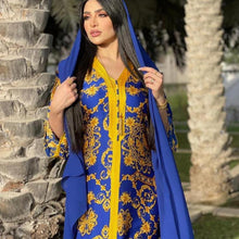 Load image into Gallery viewer, Middle East Arab Women's Muslim Satin Robe Southeast Asia Middle East Blue Fashion Printed Dress For Eid Without Turban