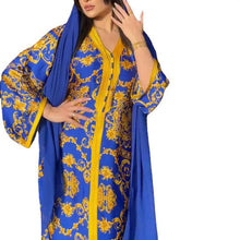 Load image into Gallery viewer, Middle East Arab Women's Muslim Satin Robe Southeast Asia Middle East Blue Fashion Printed Dress For Eid Without Turban