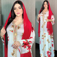 Load image into Gallery viewer, Middle East Women's Muslim Printed Dress Lace Ribbon Arabian Abaya Dubai Muslim Ladies Elegant Robes Muslim Woman Kimono