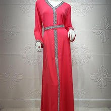 Load image into Gallery viewer, Middle Eastern Women's Clothing Pure Color Temperament Hot Diamond Muslim Dress Arab Middle Eastern Robe Eid Prayer Dress