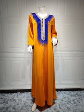Load image into Gallery viewer, Muslim Clothing For Women Ethnic Ribbon V Neck Embroidered Feathers Long Sleeve Maxi Dress Autumn 2021 Middle East Arabic Dubai