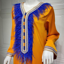 Load image into Gallery viewer, Muslim Clothing For Women Ethnic Ribbon V Neck Embroidered Feathers Long Sleeve Maxi Dress Autumn 2021 Middle East Arabic Dubai