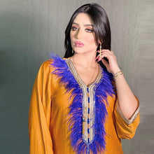Load image into Gallery viewer, Muslim Clothing For Women Ethnic Ribbon V Neck Embroidered Feathers Long Sleeve Maxi Dress Autumn 2021 Middle East Arabic Dubai