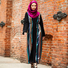 Load image into Gallery viewer, Muslim Color Vertical Stripes Sequins Embroidery Chiffon Stitching Long-sleeved Jacket Cardigan Women's Robe Without Turban