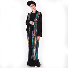 Load image into Gallery viewer, Muslim Color Vertical Stripes Sequins Embroidery Chiffon Stitching Long-sleeved Jacket Cardigan Women's Robe Without Turban