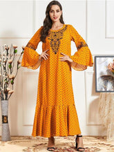 Load image into Gallery viewer, Muslim Dresses Large Size Women's Trumpet Long-sleeved Embroidery Pleated Polka Dot Printing Casual Autumn Lotus Leaf Long Skirt