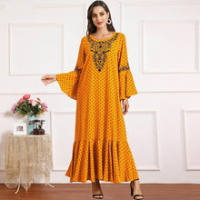 Load image into Gallery viewer, Muslim Dresses Large Size Women's Trumpet Long-sleeved Embroidery Pleated Polka Dot Printing Casual Autumn Lotus Leaf Long Skirt