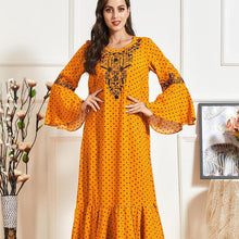 Load image into Gallery viewer, Muslim Dresses Large Size Women's Trumpet Long-sleeved Embroidery Pleated Polka Dot Printing Casual Autumn Lotus Leaf Long Skirt