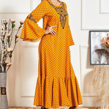 Load image into Gallery viewer, Muslim Dresses Large Size Women's Trumpet Long-sleeved Embroidery Pleated Polka Dot Printing Casual Autumn Lotus Leaf Long Skirt