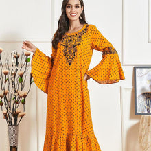 Load image into Gallery viewer, Muslim Dresses Large Size Women's Trumpet Long-sleeved Embroidery Pleated Polka Dot Printing Casual Autumn Lotus Leaf Long Skirt