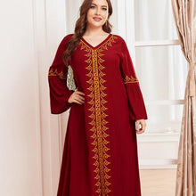 Load image into Gallery viewer, Muslim Oversized Women's Gold Thread Embroidery Long-sleeved Folds Retro Ethnic Red Temperament Long Skirt Djellaba 2021