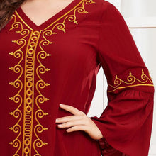 Load image into Gallery viewer, Muslim Oversized Women's Gold Thread Embroidery Long-sleeved Folds Retro Ethnic Red Temperament Long Skirt Djellaba 2021