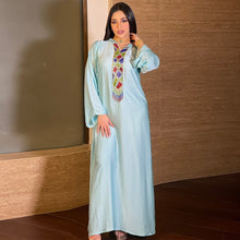 Load image into Gallery viewer, Muslim Women's Arab Middle East Light Green Satin Robe Hoodedjalabiya Dress Abaya Kimono Suitable For All Seasons Dubai 2021