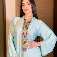 Load image into Gallery viewer, Muslim Women's Arab Middle East Light Green Satin Robe Hoodedjalabiya Dress Abaya Kimono Suitable For All Seasons Dubai 2021