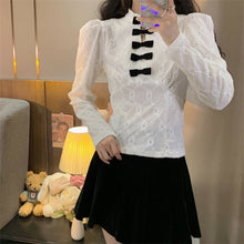 Load image into Gallery viewer, New Vinatge Stand Collar Bow Tops Long Sleeve French Elegant Hook Flower Shirts Women 2022 Simple Cropped Blouses Spring