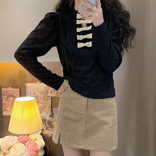 Load image into Gallery viewer, New Vinatge Stand Collar Bow Tops Long Sleeve French Elegant Hook Flower Shirts Women 2022 Simple Cropped Blouses Spring