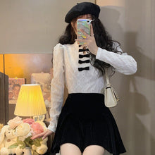 Load image into Gallery viewer, New Vinatge Stand Collar Bow Tops Long Sleeve French Elegant Hook Flower Shirts Women 2022 Simple Cropped Blouses Spring