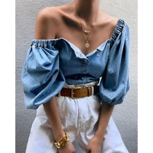Load image into Gallery viewer, New Women Retro Off Shoulder Denim T-shirts Lantern Sleeve Solid Ladies Elastic Slash Neck Pullover All-Matching Women Tops