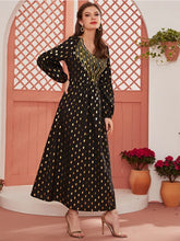 Load image into Gallery viewer, Oversized Ladies Long Skirt V-neck Long-sleeved Hot Stamping Polka Dot Print Stitching Embroidery Fashion Muslim Dress 2021