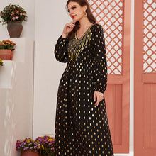 Load image into Gallery viewer, Oversized Ladies Long Skirt V-neck Long-sleeved Hot Stamping Polka Dot Print Stitching Embroidery Fashion Muslim Dress 2021