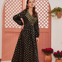 Load image into Gallery viewer, Oversized Ladies Long Skirt V-neck Long-sleeved Hot Stamping Polka Dot Print Stitching Embroidery Fashion Muslim Dress 2021