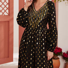 Load image into Gallery viewer, Oversized Ladies Long Skirt V-neck Long-sleeved Hot Stamping Polka Dot Print Stitching Embroidery Fashion Muslim Dress 2021