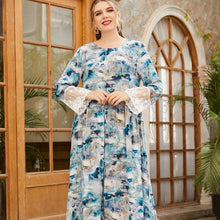 Load image into Gallery viewer, Oversized Women's Round Neck Long Sleeve Fashion Ink Printing Lace Stitching Fashion Muslim Long Skirt Clothing Turkish 2021