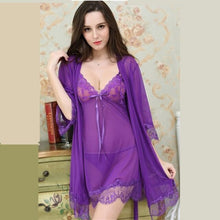 Load image into Gallery viewer, Pajamas Set Woman 2 Pieces Sexy Sling Lingerie Sleepwear Robe Babydoll Attractive Sexy Lace Mesh Dress Woman Home Wear
