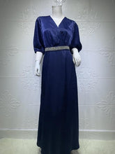 Load image into Gallery viewer, Plus Size Women's Diamond Belt Puff Sleeve Dress Evening Dress Turkish Long Muslim Robe Abaya Kimono Jalabiya Dress Dubai