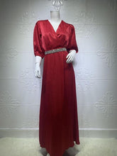 Load image into Gallery viewer, Plus Size Women's Diamond Belt Puff Sleeve Dress Evening Dress Turkish Long Muslim Robe Abaya Kimono Jalabiya Dress Dubai