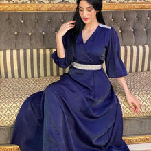 Load image into Gallery viewer, Plus Size Women's Diamond Belt Puff Sleeve Dress Evening Dress Turkish Long Muslim Robe Abaya Kimono Jalabiya Dress Dubai